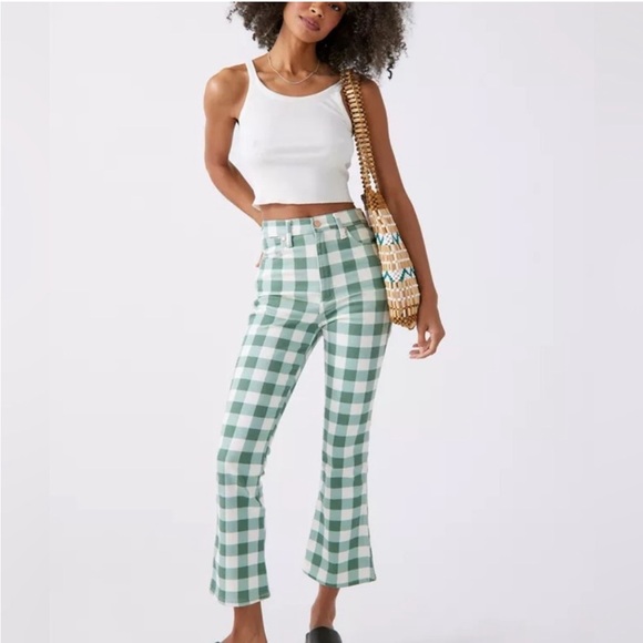 Wrangler Wrock 672 Gingham Kick Flare High Rise Pants in Green Sz 24